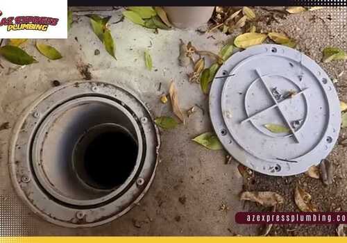 Sewer cleanout access point in a San Tan Valley AZ yard