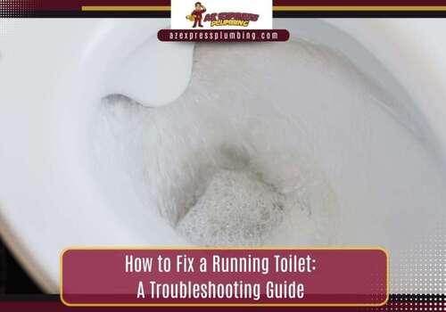 Close-up of water rushing into a white toilet bowl with an overlay title: "How to Fix a Running Toilet: A Troubleshooting Guide."