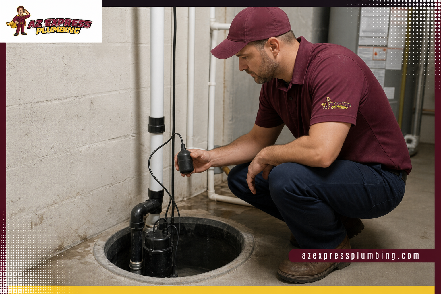 AZ Express Plumbing branded inline image showing a plumber inspecting a sump pump float switch in a residential basement