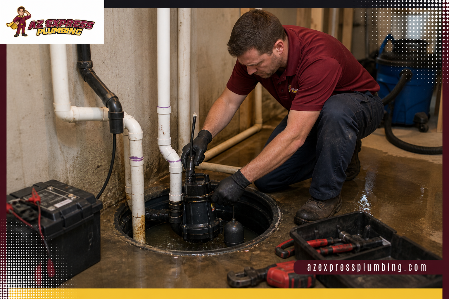 AZ Express Plumbing branded inline image showing a plumber repairing a sump pump basin with piping and tools in a residential basement