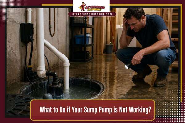 azsumppumpfeaturedtemplatev3 Az Express Plumbing Plumber kneeling beside a flooded basement sump pump flashlight in hand examining the setup