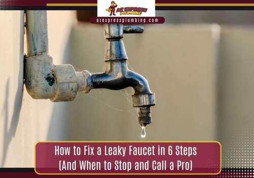 A dripping outdoor metal faucet covered in cobwebs, with text reading "How to Fix a Leaky Faucet in 6 Steps."