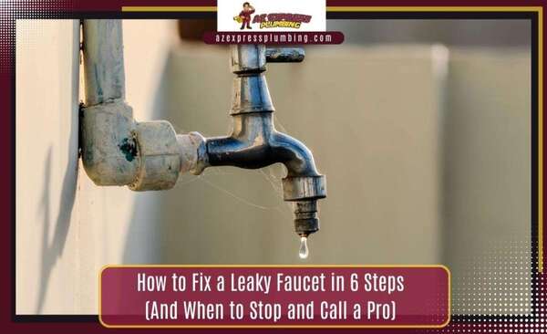 how to fix a leaky faucet Az Express Plumbing A dripping outdoor metal faucet covered in cobwebs with text reading How to Fix a Leaky Faucet in 6 Steps